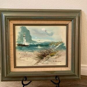Vintage Beach Landscape Canvas Oil Painting Sine By K. Huoring  14/16 Inches